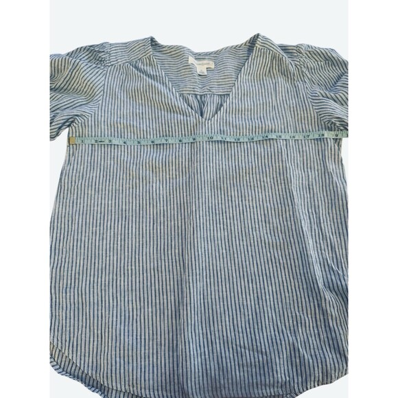 Treasure & Bond Blue White Striped Blouse Medium Split Neck Short Sleeve Top - Picture 6 of 6